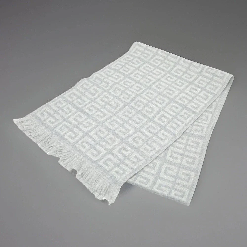 Givenchy Scarf Light Grey White Monogram Virgin Wool Blend Fringe Made in Italy